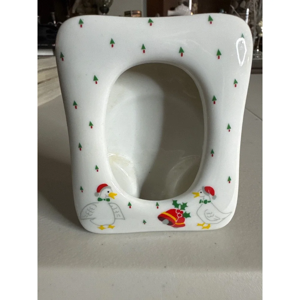 Vintage Christmas Ceramic Mini Picture Frame Geese Santa Hat Made Japan goose